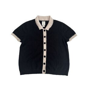 Joie Short-Sleeve Cashmere Sweater M Black Cream Collar Button-Front Knit Top